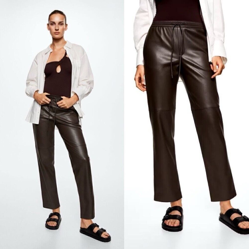 NWT Mango MNG Faux Leathe Pullon Slouchy Pants Brown Quiet Luxury Old Money